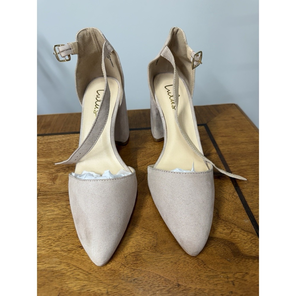 Lulus Women's 7.5 Ellarose Light Pink Nude Faux Suede Ankle Strap Block Heels